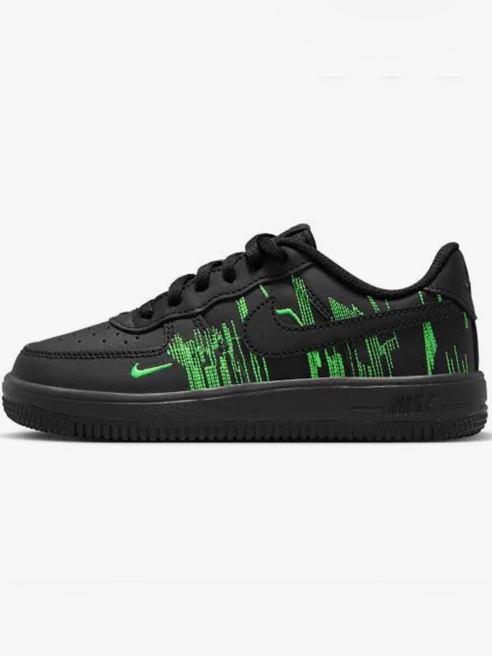 Nike Air Force 1 Kids Black Sneakers with Neon Green Graphic Accents Size 2.5y